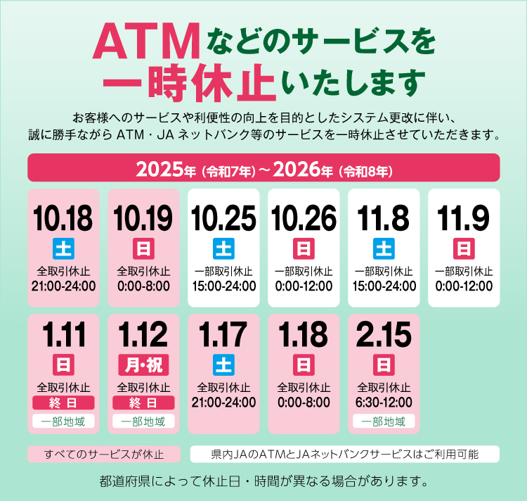 JAネットバンクおよびATMの一時休止について