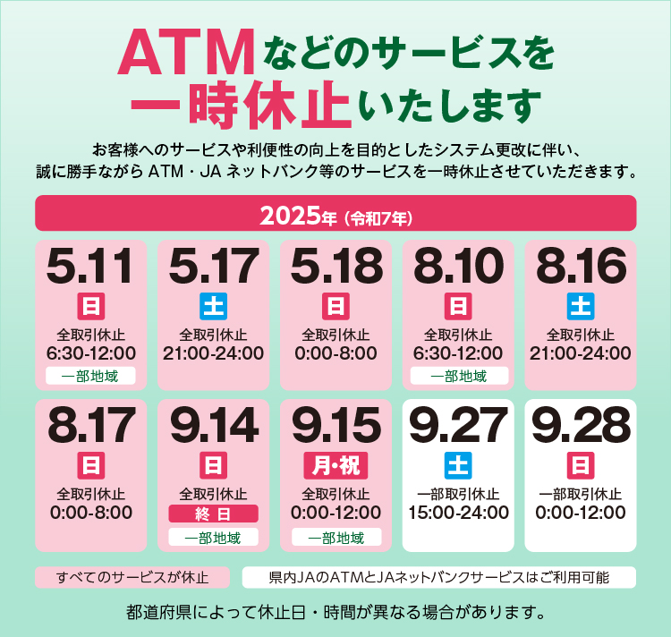 JAネットバンクおよびATMの一時休止について